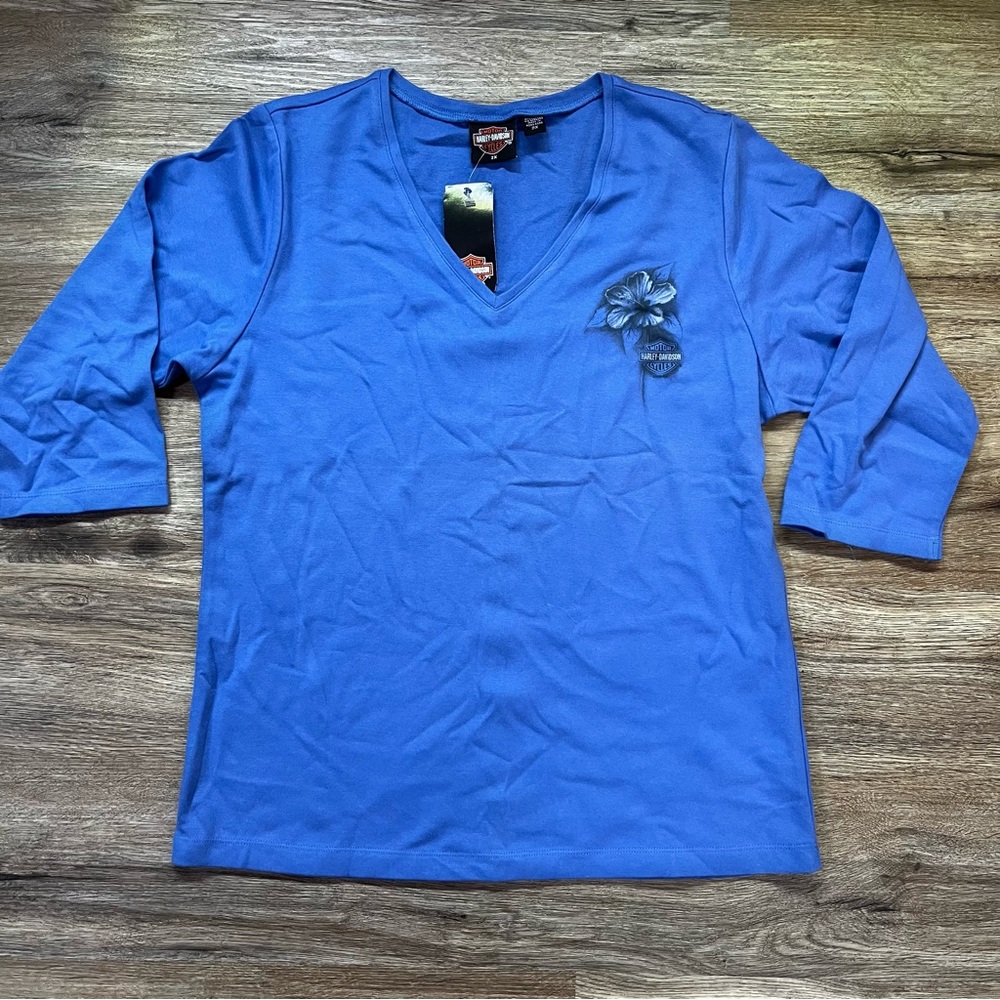 NWT Harley Davidson vibrant blue 2X v neck 3/4 length sleeve